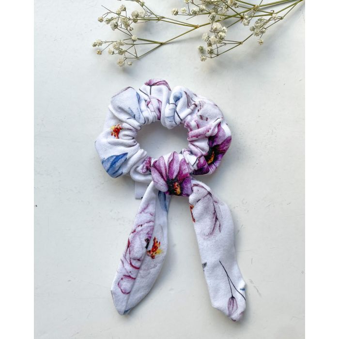 Frotka ze wstążką jerseyowa - kwiaty na bieli