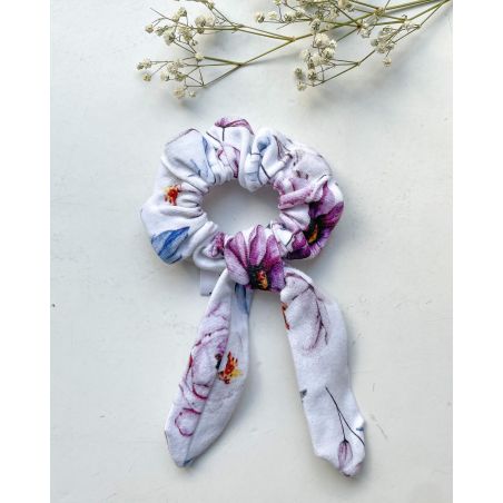 Frotka ze wstążką jerseyowa - kwiaty na bieli