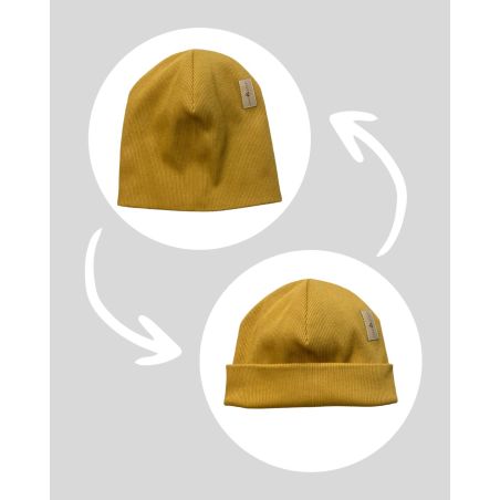 Bawełniana czapka zimowa podwójna prążkowana bez pompona - musztarda 2023