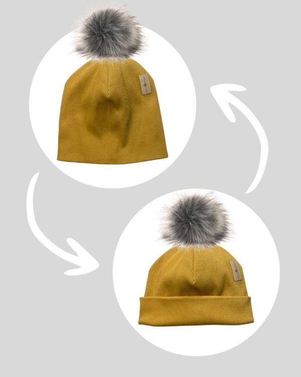 Bawełniana czapka zimowa podwójna prążkowana z pomponem - musztarda 2023