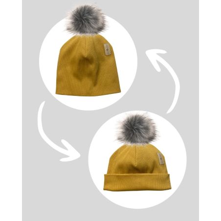 Bawełniana czapka zimowa podwójna prążkowana z pomponem - musztarda 2023