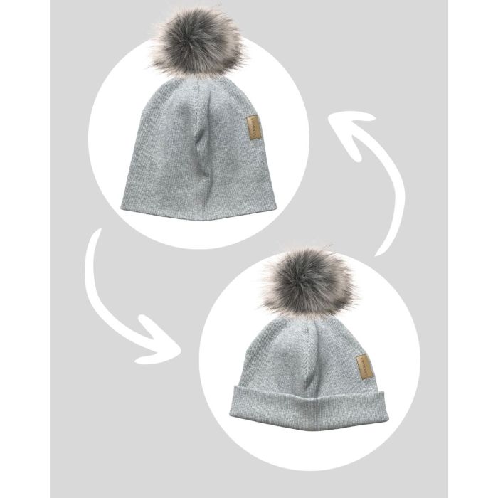 Bawełniana czapka zimowa podwójna prążkowana z pomponem - szary melanż 2023