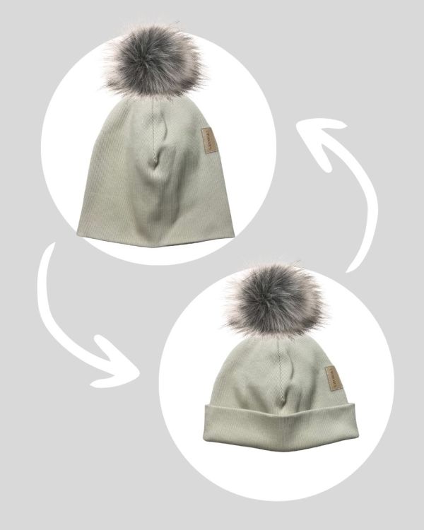 Bawełniana czapka zimowa podwójna prążkowana z pomponem - beżowa pistacja 2023