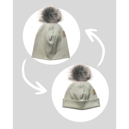 Bawełniana czapka zimowa podwójna prążkowana z pomponem - beżowa pistacja 2023