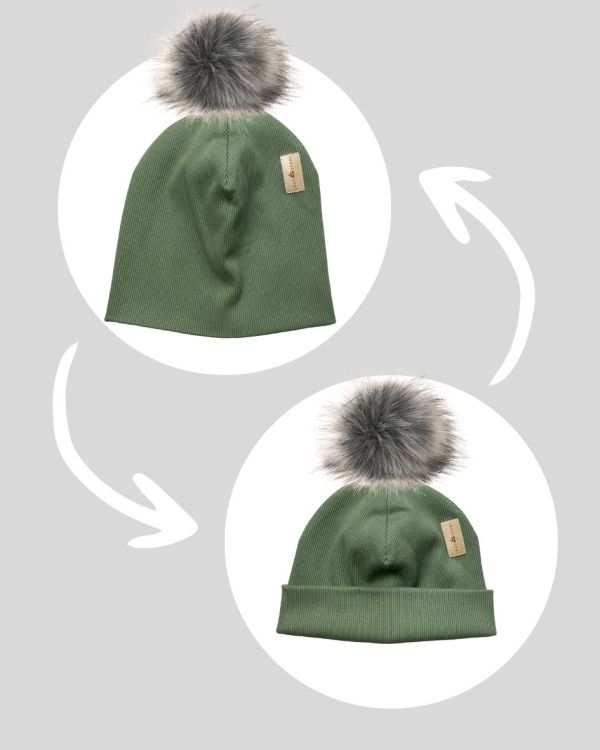 Bawełniana czapka zimowa podwójna prążkowana z pomponem - khaki 2023