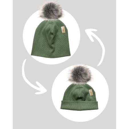 Bawełniana czapka zimowa podwójna prążkowana z pomponem - khaki 2023