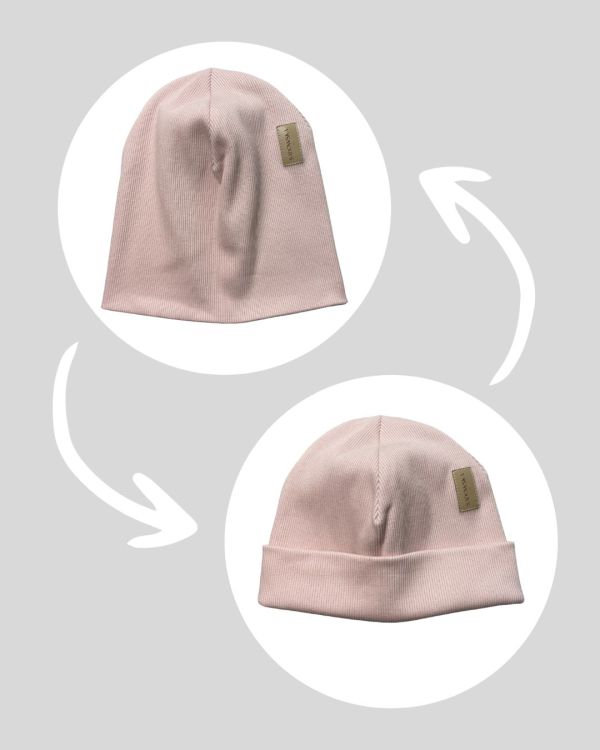 Bawełniana czapka zimowa podwójna prążkowana bez pompona - blady róż 2023