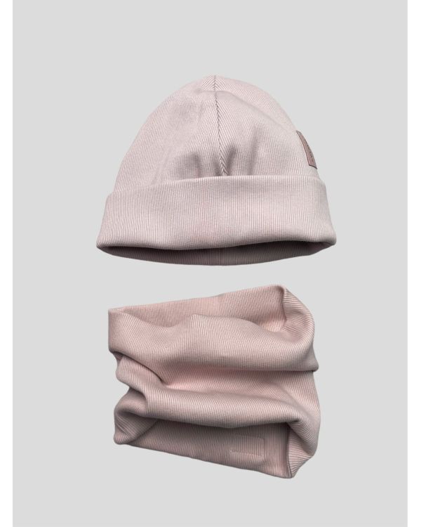 Bawełniana czapka zimowa podwójna prążkowana bez pompona - blady róż 2023