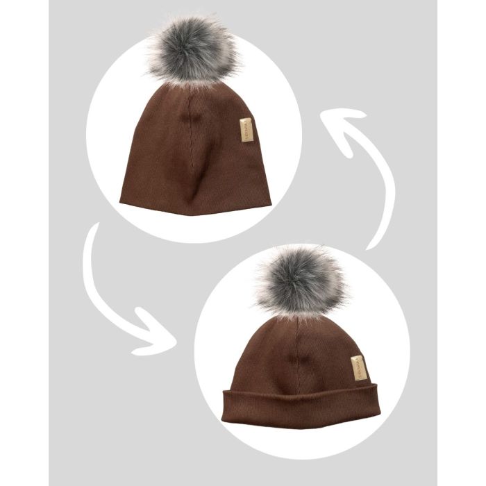 Bawełniana czapka zimowa podwójna prążkowana z pomponem - czekolada 2023