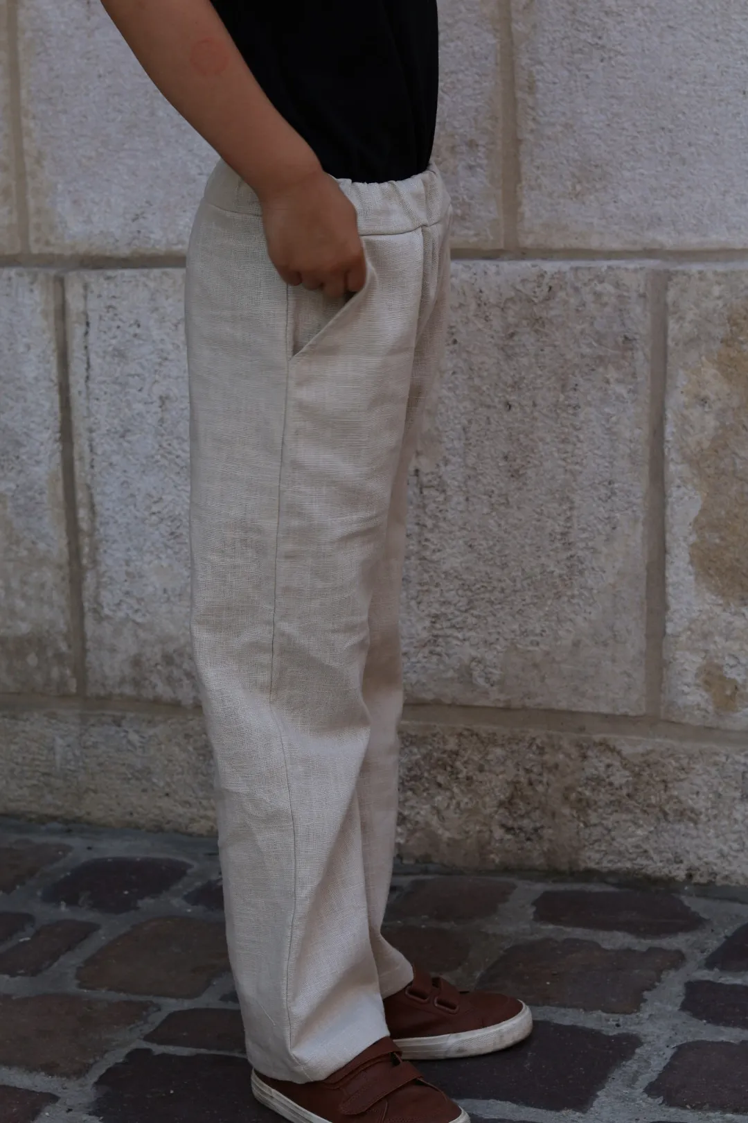 Lniane spodnie z szeroką nogawką - naturalny