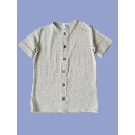 Koszula z krótkim rękawem bez kołnierzyka lniano-wiskozowa - naturalny